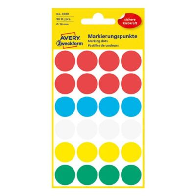 Etikett AVERY 3089 öntapadó jelölőpont vegyes 5 szín 18 mm 96 jelölőpont/csomag